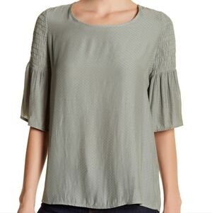 Pleione Shirred Sage Green Bell Sleeve Blouse Top Women's Medium M Bohemian EUC